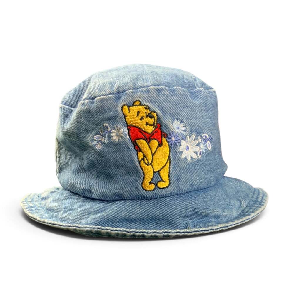 Vintage Disney Winnie the Pooh Denim Bucket Hat Embroidered Flowers 90s Y2K